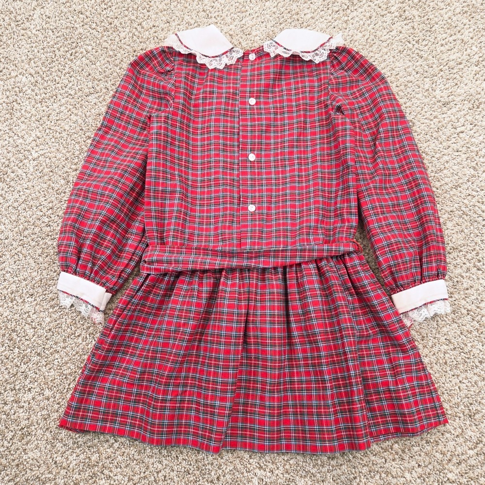 Girl's Vintage Polly Flinders Red Tartan Plaid Drop Waist Dress Size 6 Pleated - Picture 2 of 8